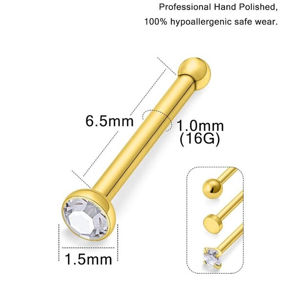 16Pcs Nose Rings 18G Nose Studs Surgical Steel 1.5MM Clear Crystal Nostril Ring - Picture 3 of 5